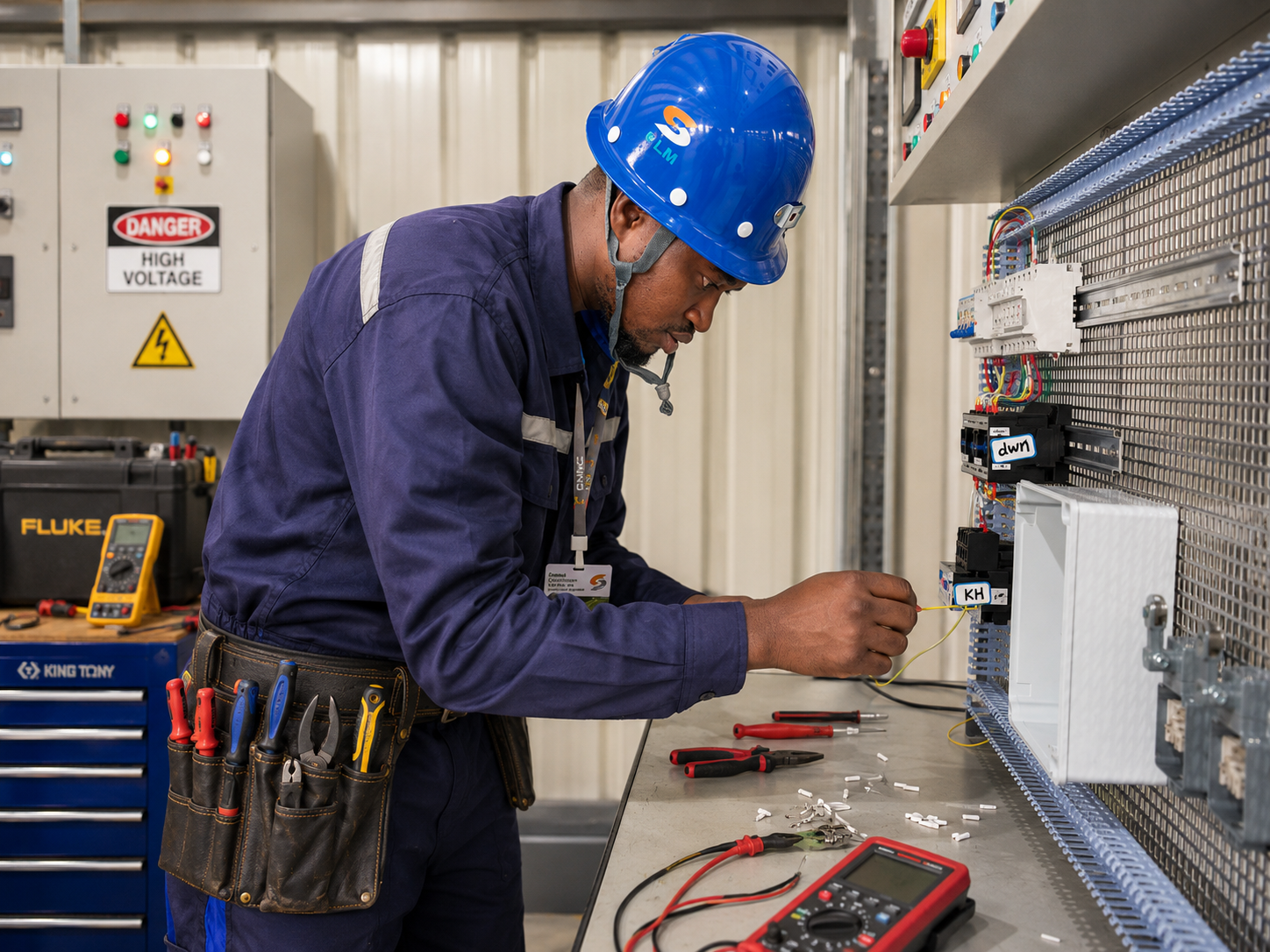 Chishimba wiring an industrial electrical panel