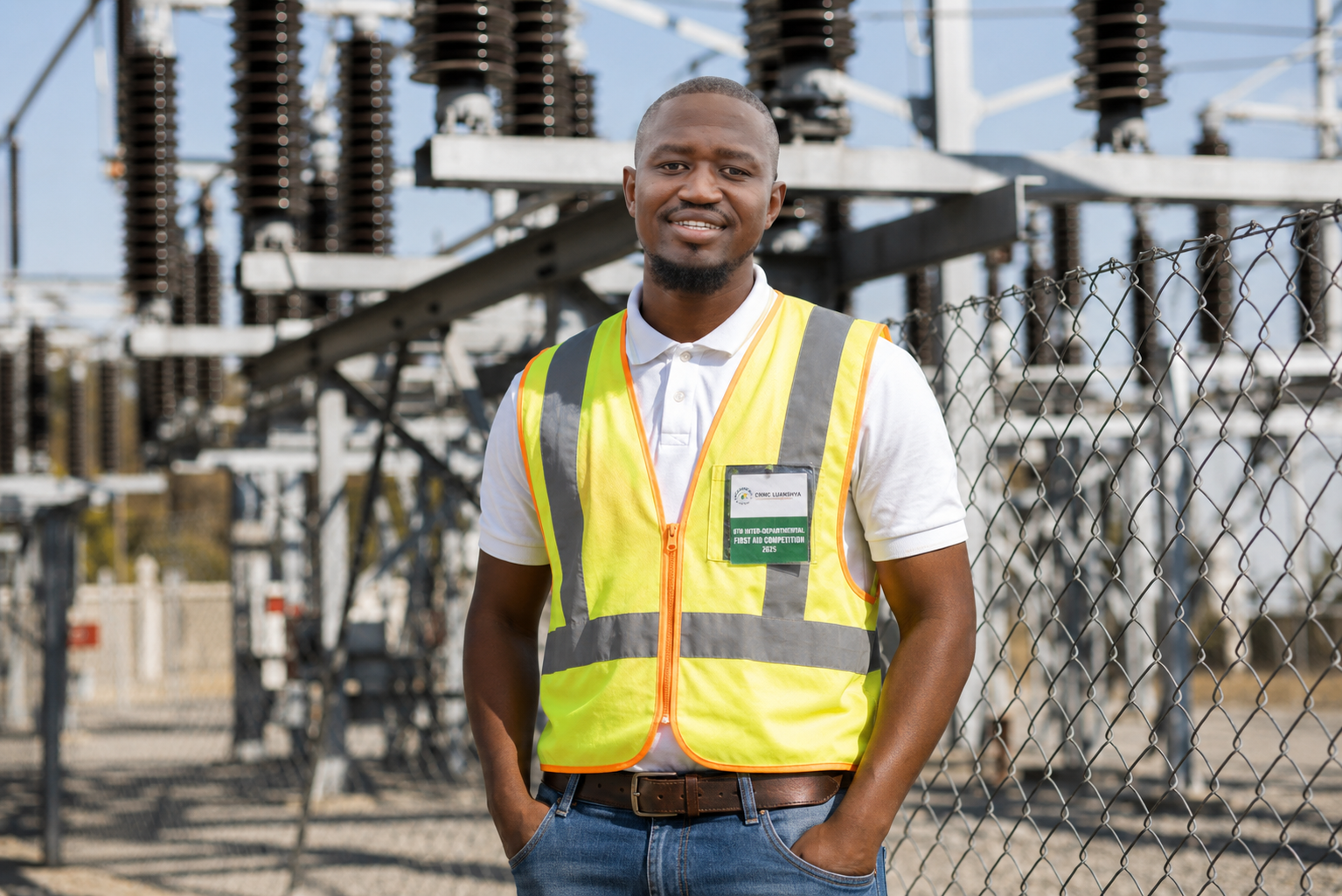 Chishimba standing at an electrical substation